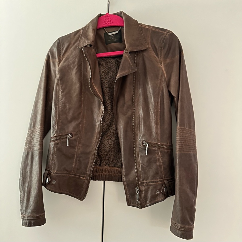 NWOT Zara TRF Collection Women's Brown Leather Jacket Size XS